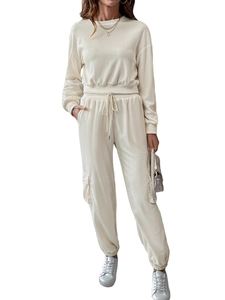 Women's 2-piece ribbed loungewear set with crewneck top and drawstring cargo pants