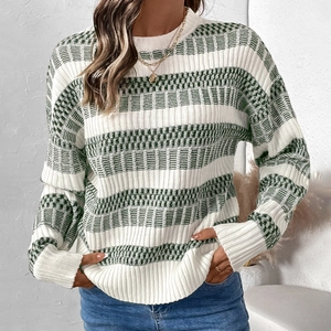 Women's striped crewneck knit sweater in white and green with textured waffle patterns