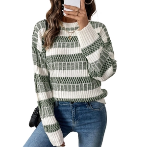 Women's casual striped knit sweater in green and white with a classic crew neck