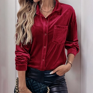 Deep red velvet long sleeve button-up shirt with classic collar and front pocket