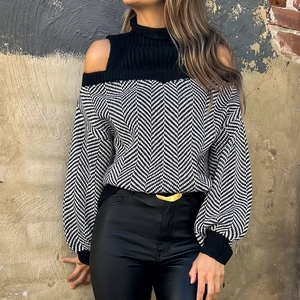 Damen Schulterfrei Chevron Strickpullover Elegant Halbhochem Kragen Schwarz Weiß Fischgrätenmuster Pullover Langarm Lässig Jumper Top