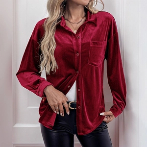 Elegant red velvet long-sleeved button-down shirt with a classic collar and chest pocket