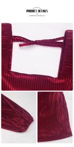 Detailed close-up of dark red velvet dress featuring square neckline and ribbed texture
