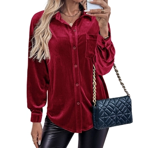 Elegant wine red velvet long sleeve button-up shirt with lapel collar and chest pocket