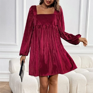 Women Velvet Pleated Dress Square Neck Backless Tie Back Puff Long Sleeve A Line Mini Christmas Party Dress