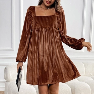 Elegant brown velvet square neck mini dress with pleated texture and long lantern sleeves