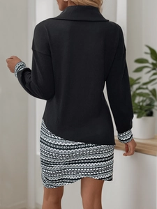 Detail of a casual long-sleeve knit dress with geometric print and asymmetric hemline