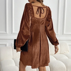 Brown velvet pleated dress with backless lace-up detail and lantern sleeves