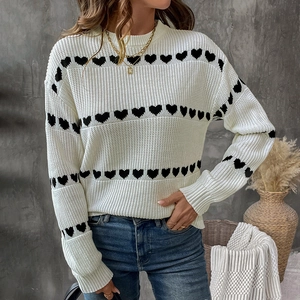 Women Casual Heart Pattern Round Neck Knitwear Long Sleeve Pullover Autumn Winter Acrylic Sweater Sweet Loose Top For Women