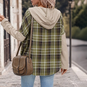 Women's plaid hooded shirt jacket with green pattern and contrast sleeves back view