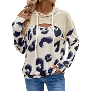 Women's layered hoodie featuring beige lace hollow-out design and grey leopard print pattern