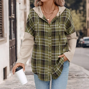 Women casual green plaid hooded shirt with beige patchwork sleeves and wooden buttons