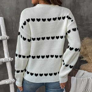 Women's knit sweater with black heart patterns on white, casual round neck retro style