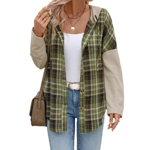 Women's plaid hooded shirt with beige waffle knit sleeves and casual button-up style