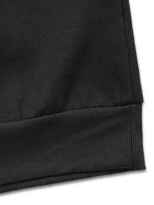 Detail of black sweatshirt ribbed hem showing high-quality stitching and cotton knit texture