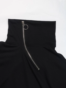Detail of the high collar with a silver circular ring zipper on black knitted fabric