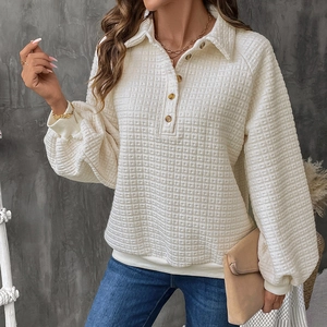 Women's casual cream waffle knit pullover with lapel collar and lantern sleeves