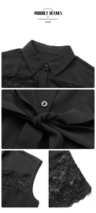 Detail of black shirt dress featuring eyelash lace stitching and a waist tie-up bow