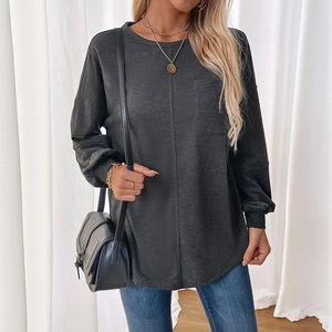 Oversized dark grey long sleeve sweatshirt with crew neck and chest pocket detail