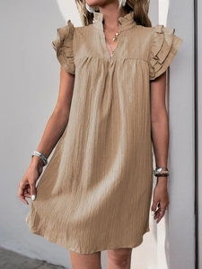 Detail of khaki tiered ruffle sleeves and pleated texture on a casual V-neck summer dress