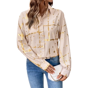 Camicia ampia da donna a maniche lunghe con stampa in lamina d'oro e colletto