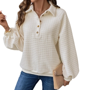 White waffle knit polo sweatshirt for women with five-button placket and lantern sleeves
