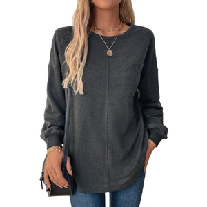 Women's dark grey long sleeve crewneck sweatshirt with chest pocket and drop shoulder