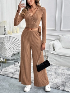 Donna Top a Maglia a Costine E Pantaloni a Gamba Larga Casual Manica Lunga Stile Portafoglio Scollo a V Vita Alta Outfits