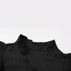Detail of high collar with ruffle edges and vertical textured fabric on black summer dress