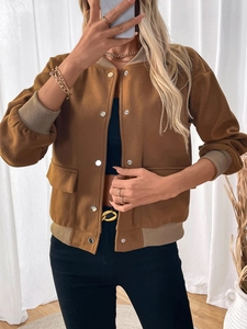 Detailed view of the ribbed stand collar and silver metal buttons on the brown jacket