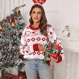 Women's Vintage Christmas Sheep Pattern Knit Sweater Round Neck Long Sleeve Red White Acrylic Festive Loose Pullover Top