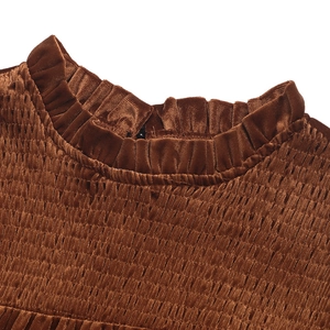 Détail du col à volants élégant et de la texture velours froncée sur robe vintage