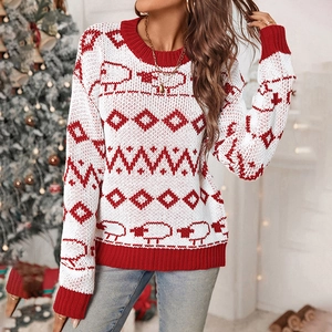Women's festive Christmas knit sweater with sheep jacquard pattern and red ribbed collar
