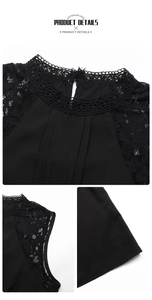 Detail of elegant black lace patchwork on crew neck and shoulders of women blouse