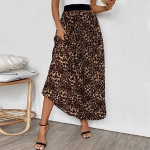 Women Leopard Print Pleated Midi Skirt Elastic High Waist A-Line Flowy Maxi Skirt Casual Elegant Fashion Autumn Streetwear