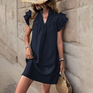Women Summer Textured V Neck Stand Collar Dress Elegant Layered Ruffle Sleeve Loose A-Line Mini Vacation Beach Party Dress