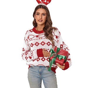Women's Christmas knit sweater featuring reindeer and snowflake patterns in red and white