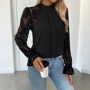 Women's Elegant Lace Patchwork Long Sleeve Blouse Mock Neck Pleated Shirts Casual Solid Color Mesh Stitching Tops For Office Party