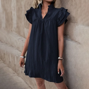 Navy blue V-neck dress with textured fabric and tiered ruffle sleeves in A-line cut