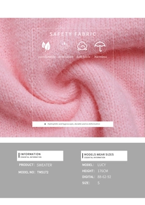 Détails du pull en maille rose montrant la texture douce et les tailles du mannequin