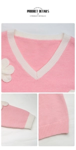 Détails du col en V blanc, de l'applique florale 3D et des poignets côtelés du pull rose