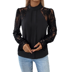 Women's black lace patchwork long sleeve blouse with elegant floral patterns and crew neck
