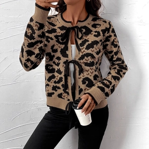 Cardigan en Tricot à Imprimé Léopard pour Femme avec Nœud Papillon Col Rond Manches Longues Nylon Acrylique Streetwear Sexy Pull Top