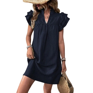 Navy blue textured mini dress with ruffled cap sleeves and stand-up collar for summer