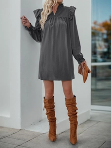 Elegant dark grey long sleeve dress with ruffle stand collar and relaxed loose fit style
