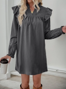 Charcoal grey ruffle long sleeve mini dress with high neck in ribbed corduroy fabric