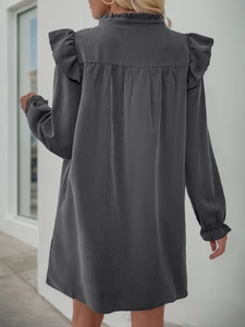 Solid charcoal long-sleeved dress with ruffle shoulders and elegant stand collar for women