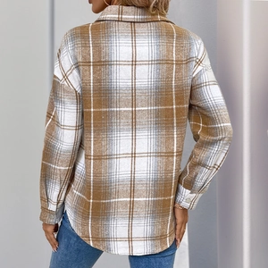 Back view of a vintage plaid long sleeve shirt with classic lapel and curved hemline