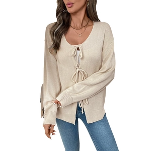 Beige lace-up knit cardigan for women with long sleeves and front tie design