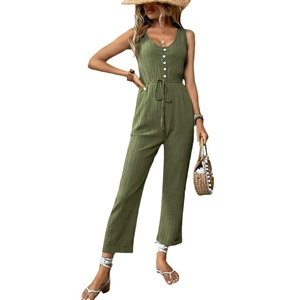 Olive green sleeveless summer jumpsuit with v-neck button detail and drawstring waist
